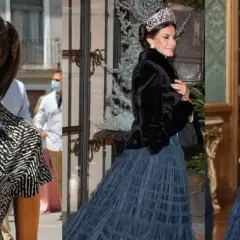 Letizia Ortiz in tre look: casual con camicia zebrata, elegante con pelliccia e tiara, e regale con abito blu e fascia.