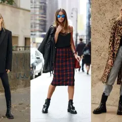 Tre donne sfoggiano un outfit con anfibi: uno total black elegante, uno con gonna a quadri e giacca di pelle, e uno con cappotto leopardato e jeans.