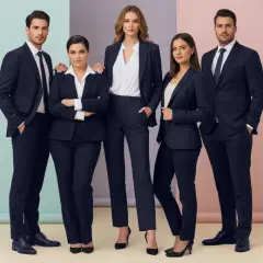 Cinque professionisti in abiti blu scuro dal taglio slim, pronti per il successo.