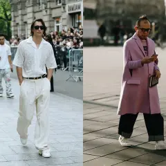 Uomo con camicia bianca e pantaloni larghi, un esempio di come indossare sneakers alte con stile.