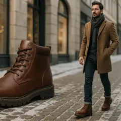 Un uomo elegante cammina su un vicolo innevato, accanto a un grande stivale Timberland. La timberland guida alle taglie ti aiuta a scegliere il modello perfetto.