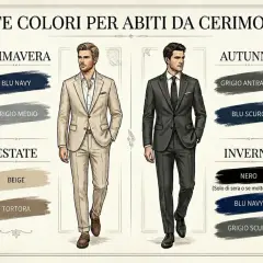 Uomo elegante in abiti da cerimonia: blu navy, grigio medio, beige, tortora per primavera/estate; grigio antracite, blu scuro, nero, blu navy, grigio scuro per autunno/inverno.