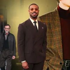 Uomo in abito marrone, uomo con giacca di pelle e uomo con blazer a quadri. Nero e marrone stanno bene insieme, creando un look elegante.