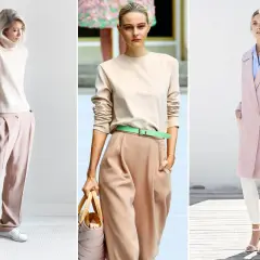 Modelli con abiti color crema e abbinamenti eleganti: pantaloni fluidi, cappotto rosa cipria e accessori chic.