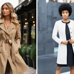 Donna con trench beige, perfetta per la sera. Accanto, un'altra donna con cappotto bianco elegante.