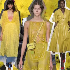 Modelli con abiti gialli. Scarpe da abbinare a vestito giallo: sandali blu, décolleté rosse.