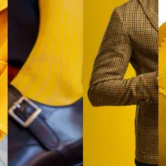 Dettagli di abbigliamento in color senape: cappotto, calzino a righe, giacca a quadri e accessorio in pelle. I color senape abbinamenti abbigliamento sono audaci e chic.