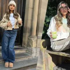 Due immagini affiancate: una donna con cappello e giacca beige, jeans larghi e pantofole **ugg si allargano**; l'altra seduta con felpa e pantaloni sportivi, indossa **ugg si allargano**.