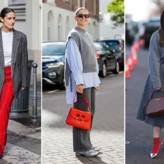 Tre donne mostrano come i colori da abbinare al grigio vestiti, con pantaloni rossi scintillanti, una borsa rossa vivace e calzini rossi con scarpe argentate.