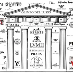 Un tempio stilizzato celebra le marche francesi famose e internazionali del lusso, con loghi come Chanel, Dior, Louis Vuitton e Hermès.