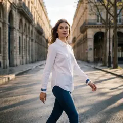Donna con camicia bianca e jeans cammina per strada. Sotto la camicia bianca, un top a canotta o un body sono ideali.
