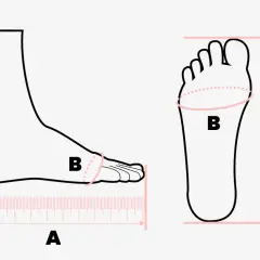 Illustrazione di un piede con indicazioni per la misura del piede in cm. La linea A indica la lunghezza, la B la circonferenza.