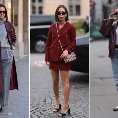 Tre look eleganti con il color vinaccia: cappotto in pelle con grigio, tailleur con mini gonna e giacca biker con jeans. Abbinamenti perfetti per ogni occasione.