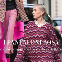 Moda in rosa: un vestito rosa acceso con scarpe abbinate, un completo fucsia e un maglione a zig-zag.