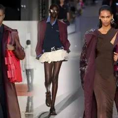 Sfilata di moda con modelli che indossano abiti eleganti. Un perfetto abbinamento bordeaux con trench in pelle e pantaloni ampi.