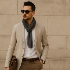 Uomo con outfit elegante: blazer beige, camicia bianca, sciarpa grigia e pantaloni marroni. Un perfetto outfit maglione collo alto uomo.