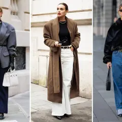 Tre donne sfoggiano un outfit con jeans per la sera: blazer grigio oversize, cappotto marrone lungo e giacca in pelliccia nera.