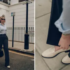 Scarpe per tailleur pantalone: mocassini chiari completano un look elegante con pantaloni scuri e camicia a righe.