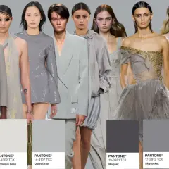 Modelle con abiti in varie tonalità di grigio, dal chiaro al grigio antracite scuro.