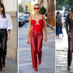 Tre donne sfoggiano un outfit con pantaloni di pelle larghi: neri con camicia bianca, rossi total look, e marroni con top scuro.