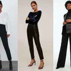 Tre modi per abbinare pantaloni neri eleganti uomo: con camicia bianca, top in velluto o gilet in pelle.