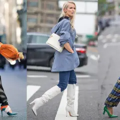 Tre donne sfoggiano eleganti outfit autunnali: un look con maniche arancioni e pantaloni satinati, uno con blazer azzurro e stivali bianchi, e uno con completo a quadri e décolleté verdi.