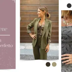 Come vestirsi bene: un completo verde militare con body in pizzo e un abito grigio con stampa foglie.