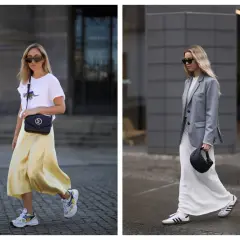 Due donne sfoggiano un outfit elegante con sneakers. Una con gonna gialla e t-shirt, l'altra con abito bianco e blazer grigio.