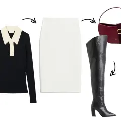 Look chic: maglione nero con colletto, gonna bianca e stivali alti sopra il ginocchio neri. Borsa bordeaux per completare.