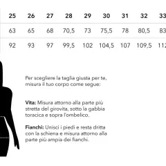 Tabella taglie jeans: la taglia 6 corrisponde a una vita di 63 cm e fianchi di 92 cm. Guida per misurare vita e fianchi.