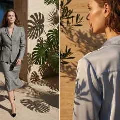 Eleganza sobria per una comunione: tailleur grigio chic e camicia azzurra.
