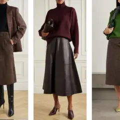 Tre modi eleganti per abbinare il marrone: gonna scamosciata con blazer a quadri, gonna in pelle con maglione bordeaux, gonna effetto coccodrillo con maglione verde.