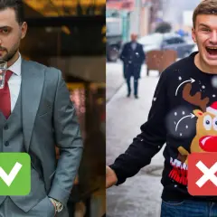 Elegante completo grigio per un Natale da uomo chic, a sinistra il sì, a destra il no con maglione natalizio.