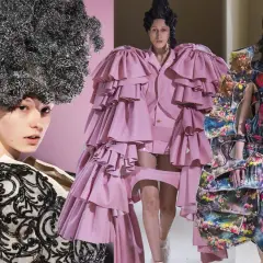 Modelli con acconciature audaci e abiti voluminosi, un'espressione della visione di Rei Kawakubo.