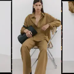 Modello indossa un completo color kaki, una tonalità calda e terrosa che ricorda la terra. La camicia oversize e i pantaloni a zampa creano un look elegante e rilassato.