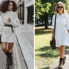 Due donne con abiti bianchi. Una con stivali neri, l'altra con stivali marroni. Come abbinare scarpe a un abito bianco e nero?