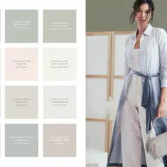 Palette di colori che dimostrano come beige e grigio stanno bene insieme, con campioni di vernice e una modella che indossa abiti nei toni neutri.