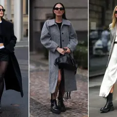 Tre donne sfoggiano un outfit con anfibi e pantaloni, con cappotti eleganti e borse chic.