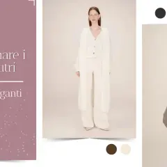 Come abbinare il beige per look eleganti: un completo bianco e un maglione grigio su pantaloni chiari.