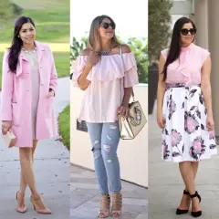 Five women in various pink outfits, showcasing different styles and accessories.