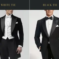 Uomo con frac e panciotto bianco, papillon bianco, cappello in mano. Eleganza per un evento "white tie".