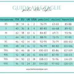 Guida taglie: la taglia 25 corrisponde a una taglia internazionale XS, con petto 76-79 cm, vita 63-65 cm e fianchi 85-88 cm.