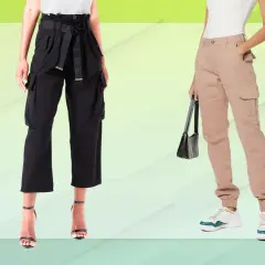 Due outfit con cargo donna: uno nero con sandali eleganti, l'altro beige con sneakers casual.