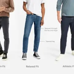 Tre modelli mostrano il **slim fit significato**: jeans aderenti, rilassati e atletici, con dettagli sulle gambe.