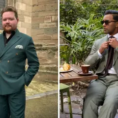 Uomo con abito verde smeraldo, perfetto per un matrimonio. L'abbinamento scarpe è essenziale per completare il look.