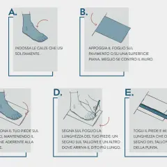 Guida per la misura soletta interna scarpe: indossa calze, appoggia il foglio, posiziona il piede, segna e misura.