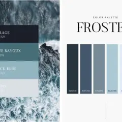 Palette "Frosted" con tonalità blu e grigio che stanno bene insieme, ispirata a onde marine e spruzzi d'acqua.