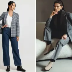 Due outfit donna con blazer e jeans o completo grigio, completati da eleganti chelsea boots.