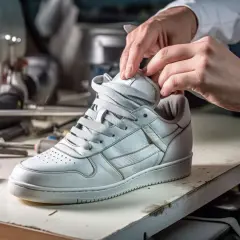 Mani che lavorano su una scarpa bianca, mostrando come allargare le scarpe strette in punta con attrezzi da calzolaio.