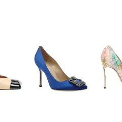 Tre eleganti scarpe pumps: una bicolore beige/nera, una blu con fibbia gioiello, e una floreale color pastello. Il loro significato? Eleganza e stile.